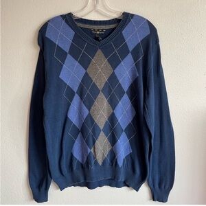Club Room Men’s Medium Blue V-Neck Sweater With Grey Argyle Pattern